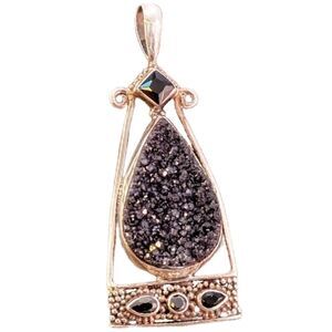 Sterling Contemporary Bali Style Black Druzy Stone Pendant